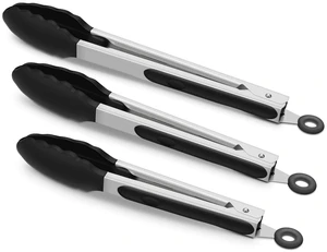 3-Piece Silicone Kitchen Tongs Set (9, 10, and 12-inch; Stainless Steel; Black) 304 Stainless Steel Locking Tongs with BPA-Free Silicone Tips, Heat-Resistant up to 500°F. 3-Piece Silicone Kitchen Tongs Set (9, 10, and 12-inch; Stainless Steel; Black) 304 Stainless Steel Locking Tongs with BPA-Free Silicone Tips, Heat-Resistant up to 500°F.