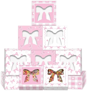 12 Pack 4x4x2.6 Inches Pink Ribbon Bow Treat Boxes with Window, Plaid Kraft Cardboard Candy Cupcake Dessert Gift Boxes for Girl's Birthday, Baby Shower, Wedding, Coquette-Style Party Favors 12 Pack 4x4x2.6 Inches Pink Ribbon Bow Treat Boxes with Window, Plaid Kraft Cardboard Candy Cupcake Dessert Gift Boxes for Girl's Birthday, Baby Shower, Wedding, Coquette-Style Party Favors