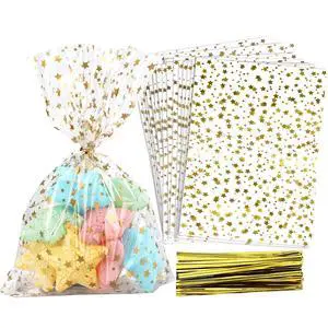100 Pcs Star Printed 5"X 7" Gift Wrap Cello Cellophane Treat Bags Party Favor bags Clear Candy Cookie Bag Plastic Poly Goodie Storage Bag with Twist Ties for Bakery,Birthday Party Decorations (Gold) 100 Pcs Star Printed 5"X 7" Gift Wrap Cello Cellophane Treat Bags Party Favor bags Clear Candy Cookie Bag Plastic Poly Goodie Storage Bag with Twist Ties for Bakery,Birthday Party Decorations (Gold)