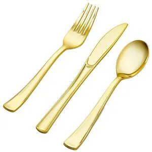 50 Pack Gold Plastic Silverware - Gold Utensils Set Disposable - 26 Forks, 12 Spoons, 12 Knives - BPA Free Disposable Utensils - Heavy Duty Cutlery For All Occasions 50 Pack Gold Plastic Silverware - Gold Utensils Set Disposable - 26 Forks, 12 Spoons, 12 Knives - BPA Free Disposable Utensils - Heavy Duty Cutlery For All Occasions