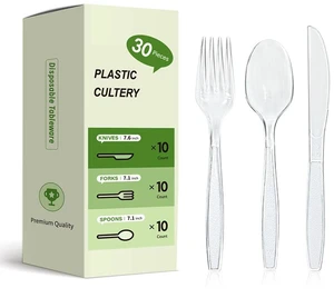 Plastic Silverware Set, 30-Piece Disposable Plastic Utensils for Parties, Clear Cutlery, Plasticware Forks, Spoons, Knives Plastic Silverware Set, 30-Piece Disposable Plastic Utensils for Parties, Clear Cutlery, Plasticware Forks, Spoons, Knives