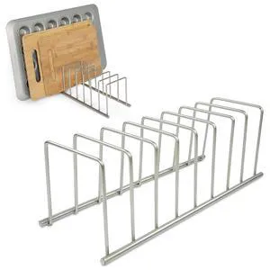 Euro Kitchen Organizer for Cooking and Bakeware, Satin Nickel | 8 storage slots, countertop or inside cabinet storage, holds plates, cutting boards, bakeware, strong metal build, versatile Euro Kitchen Organizer for Cooking and Bakeware, Satin Nickel | 8 storage slots, countertop or inside cabinet storage, holds plates, cutting boards, bakeware, strong metal build, versatile