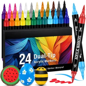 Acrylic Paint Markers, 24 Colors Dual Tip Fine & Brush Pens Set | For Rocks, Fabric, Wood, Glass & More, Perfect for DIY Crafts and Creative Art Projects with Bright, Smooth and Quick-Dry Ink Acrylic Paint Markers, 24 Colors Dual Tip Fine & Brush Pens Set | For Rocks, Fabric, Wood, Glass & More, Perfect for DIY Crafts and Creative Art Projects with Bright, Smooth and Quick-Dry Ink
