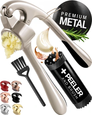 Premium Garlic Press Set - Rust Proof Professional Garlic Mincer Tool - Easy-Squeeze, Easy-Clean with Soft, Ergonomic Handle - Silicone Garlic Peeler & Brush (Silver) Premium Garlic Press Set - Rust Proof Professional Garlic Mincer Tool - Easy-Squeeze, Easy-Clean with Soft, Ergonomic Handle - Silicone Garlic Peeler & Brush (Silver)