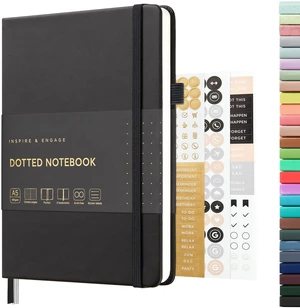 Dotted Journal Notebook, A5 Hardcover Leather Dotted Journal, 160 Pages 100gsm Thick Dot Grid Paper, 3 Sheets of Stickers Included - 5.7'' x 8'' (Black) Dotted Journal Notebook, A5 Hardcover Leather Dotted Journal, 160 Pages 100gsm Thick Dot Grid Paper, 3 Sheets of Stickers Included - 5.7'' x 8'' (Black)