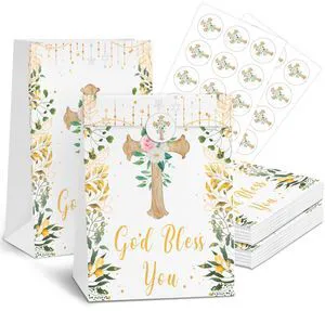 White Gold Floral Party Favor Bag, 24Pcs Christmas Goodie Bags, Gold Cross Design for Newborn Baptism, Church Party Decor, Baby Shower, Communion, Baptism Treat Bags for Bread, Cookie, Snacks, 6 × 3.1 White Gold Floral Party Favor Bag, 24Pcs Christmas Goodie Bags, Gold Cross Design for Newborn Baptism, Church Party Decor, Baby Shower, Communion, Baptism Treat Bags for Bread, Cookie, Snacks, 6 × 3.1