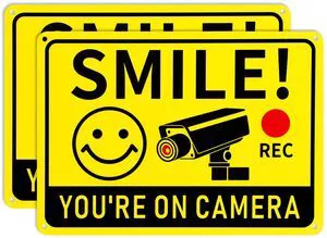 2 Pack Smile You're on Camera Signs Video Surveillance Signs Outdoor, 10"x7" Rust-Free Aluminum Warning Sign, UV Printed Weatherproof Security Camera Sign for Home, Business, Fence, Driveway, CCTV 2 Pack Smile You're on Camera Signs Video Surveillance Signs Outdoor, 10"x7" Rust-Free Aluminum Warning Sign, UV Printed Weatherproof Security Camera Sign for Home, Business, Fence, Driveway, CCTV