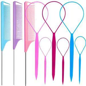 9pcs Hair Tail Tools & rat tail combs set, 6pcs Ponytail Pull Through Tool 3pcs Long Steel Pin Combs, Turvy Loop Styling Tool for Woman & Girl Hair Styling (Pink,Purple, Blue) 9pcs Hair Tail Tools & rat tail combs set, 6pcs Ponytail Pull Through Tool 3pcs Long Steel Pin Combs, Turvy Loop Styling Tool for Woman & Girl Hair Styling (Pink,Purple, Blue)