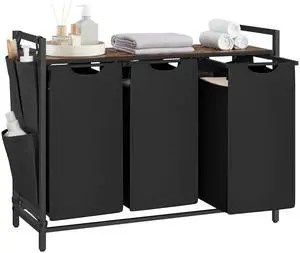 Laundry Hamper with Shelf, 3 Pull-Out Bags, 3 x 10.6 Gallons (40 L) | Laundry Basket, Laundry Sorter 3 Section, Metal Frame, Ink Black and Rustic Brown, BRENTA Collection UBLH301B01 Laundry Hamper with Shelf, 3 Pull-Out Bags, 3 x 10.6 Gallons (40 L) | Laundry Basket, Laundry Sorter 3 Section, Metal Frame, Ink Black and Rustic Brown, BRENTA Collection UBLH301B01