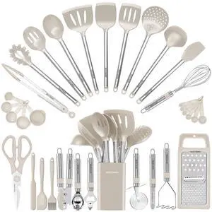 Kitchen Utensil Set-Silicone Cooking Utensils-33 Kitchen Gadgets & Spoons for Nonstick Cookware-Silicone and Stainless Steel Spatula Set-Best Kitchen Tools, Useful Pots (Khaki) Kitchen Utensil Set-Silicone Cooking Utensils-33 Kitchen Gadgets & Spoons for Nonstick Cookware-Silicone and Stainless Steel Spatula Set-Best Kitchen Tools, Useful Pots (Khaki)