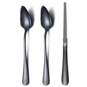 Black Grapefruit Spoons 3 Pieces Set, 2 Stainless Steel Grapefruit Spoon And 1 Grapefruit knife With Titanium Plating, Grapefruit Utensil Set, Serrated Edges Spoon pack of 3 (Black) Black Grapefruit Spoons 3 Pieces Set, 2 Stainless Steel Grapefruit Spoon And 1 Grapefruit knife With Titanium Plating, Grapefruit Utensil Set, Serrated Edges Spoon pack of 3 (Black)