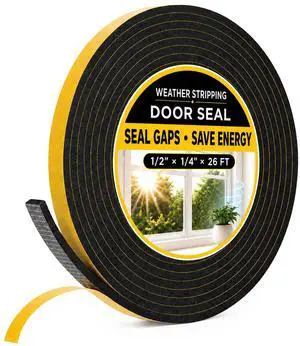 26Ft Weather Stripping Door Seal - 1/2" x 1/4" Door Seal Strip for Door Frame, High Density Foam Insulation Tape, Self Adhesive Soundproof Gap Filler for Doors, Windows, Sliding Door and AC Units 26Ft Weather Stripping Door Seal - 1/2" x 1/4" Door Seal Strip for Door Frame, High Density Foam Insulation Tape, Self Adhesive Soundproof Gap Filler for Doors, Windows, Sliding Door and AC Units