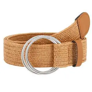 LEACOOLKEY Women Boho Straw Woven Stretch Belt for Dress Ladies Braided Straw Belt with Double O Buckle LEACOOLKEY Women Boho Straw Woven Stretch Belt for Dress Ladies Braided Straw Belt with Double O Buckle