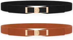 WHIPPY 2 Pack Women Skinny Elastic Belts Ladies Thin Stretch Waist Belt with Gold Buckle for Dresses Suits, Black+Brown S WHIPPY 2 Pack Women Skinny Elastic Belts Ladies Thin Stretch Waist Belt with Gold Buckle for Dresses Suits, Black+Brown S