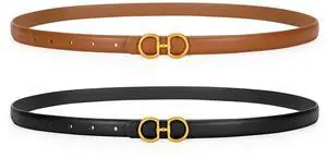CESCOSI Women Skinny Leather Belts Ladies 2 Pack Thin Waist Belts with Gold Buckle for Dresses 0.7" Width CESCOSI Women Skinny Leather Belts Ladies 2 Pack Thin Waist Belts with Gold Buckle for Dresses 0.7" Width