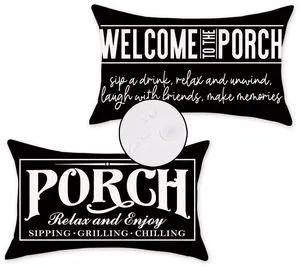 Welcome Porch Outdoor Pillow Covers 12x20 Inch Waterproof Black Decorative Throw Pillows for Patio Furniture Garden Cushion Case Bench Decor Welcome Porch Outdoor Pillow Covers 12x20 Inch Waterproof Black Decorative Throw Pillows for Patio Furniture Garden Cushion Case Bench Decor