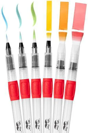Watercolor Brush Pens, 6 pcs | 3 x Point Tips and 3 x Flat Tips Styles, Nylon Bristles, Refillable Watercolor Pens for Acrylic, Gouache, Crayons Watercolor Brush Pens, 6 pcs | 3 x Point Tips and 3 x Flat Tips Styles, Nylon Bristles, Refillable Watercolor Pens for Acrylic, Gouache, Crayons