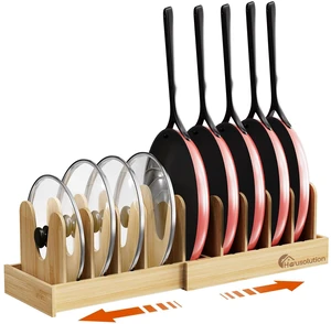 Bamboo Pot and Pan Lid Organizer Holder Storage Rack | 15"-29" Expandable, 10 Adjustable Dividers, Upgrade Solid Wooden Base, Easy Assembly Bamboo Pot and Pan Lid Organizer Holder Storage Rack | 15"-29" Expandable, 10 Adjustable Dividers, Upgrade Solid Wooden Base, Easy Assembly
