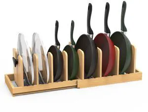 Bamboo Expandable Pot Lid Organizer, Pots and Pans Holder Rack for Cabinet | 10pcs Removable Dividers, Customized Storage, Space-saving, FSC-certified Bamboo, No Assembly Bamboo Expandable Pot Lid Organizer, Pots and Pans Holder Rack for Cabinet | 10pcs Removable Dividers, Customized Storage, Space-saving, FSC-certified Bamboo, No Assembly