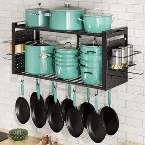 31" Wall Mounted 2-Tier Pot Rack, Kitchen Cookware Spice Utensil Organizer | With 20 hooks, pan organizer and spice rack. Solid frame neatly holds cookware, stock pots, pans and kitchen utensils. 31" Wall Mounted 2-Tier Pot Rack, Kitchen Cookware Spice Utensil Organizer | With 20 hooks, pan organizer and spice rack. Solid frame neatly holds cookware, stock pots, pans and kitchen utensils.
