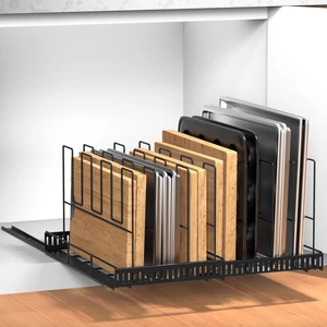 Pull Out Baking Tray and Cookie Sheet Cutting Board Organizer | 13"-22" Expandable, 21.5" Deep, 8 Adjustable Dividers, Sliding Rail Design, Sturdy Metal Structure, Adhesive/Screw Fixing Pull Out Baking Tray and Cookie Sheet Cutting Board Organizer | 13"-22" Expandable, 21.5" Deep, 8 Adjustable Dividers, Sliding Rail Design, Sturdy Metal Structure, Adhesive/Screw Fixing