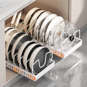 Pots and Pans Organizer Under Cabinet 2 Pack, Pull-Out Cabinet Organizer for Pot Lids, Bakeware, Dishes, 8 Adjustable Dividers (White Pots and Pans Organizer Under Cabinet 2 Pack, Pull-Out Cabinet Organizer for Pot Lids, Bakeware, Dishes, 8 Adjustable Dividers (White