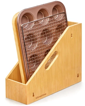 Slim Bamboo Cutting Board Holder & Baking Sheet Organizer | Open-front design keeps small to medium boards and bakeware upright; size: 12.6 x 4.9 x 10.5 in. Measure before purchase Slim Bamboo Cutting Board Holder & Baking Sheet Organizer | Open-front design keeps small to medium boards and bakeware upright; size: 12.6 x 4.9 x 10.5 in. Measure before purchase