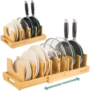 Bamboo Pot Lid Organizer, Adjustable Kitchen Organizer for Cabinet, Expandable Pot and Pan Storage Rack, Kitchen Organization for Lids, Bakeware, and Cutting Boards Bamboo Pot Lid Organizer, Adjustable Kitchen Organizer for Cabinet, Expandable Pot and Pan Storage Rack, Kitchen Organization for Lids, Bakeware, and Cutting Boards