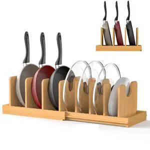 Pots and Pans Organizer under Cabinet,Pot and Pan Organizer,Lid Organizer | Expandable Bamboo Pan and Lid Organizer, 16" to 28" Adjustable Length and 10 Dividers Pots and Pans Organizer under Cabinet,Pot and Pan Organizer,Lid Organizer | Expandable Bamboo Pan and Lid Organizer, 16" to 28" Adjustable Length and 10 Dividers
