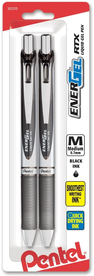 Pentel EnerGel RTX Retractable Liquid Gel Pen, 0.7mm, Medium Line, Metal Tip, Black Ink, Pack of 2, BL77BP2A Pentel EnerGel RTX Retractable Liquid Gel Pen, 0.7mm, Medium Line, Metal Tip, Black Ink, Pack of 2, BL77BP2A