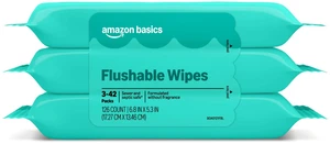 Amazon Basics Flushable Adult Wet Wipes, Fragrance Free, 126 Count (3 Packs of 42) Amazon Basics Flushable Adult Wet Wipes, Fragrance Free, 126 Count (3 Packs of 42)
