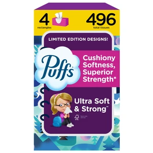 Puffs Ultra Soft Facial Tissues, 4 Family Boxes (124 Tissues Each), for Allergies and Colds Puffs Ultra Soft Facial Tissues, 4 Family Boxes (124 Tissues Each), for Allergies and Colds