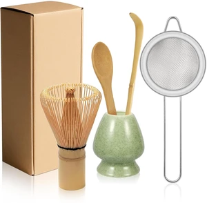 Matcha Whisk Set, Ceramic Whisk Holder, Bamboo Scoop, Powder Sifter, Spoon - Japanese Tea Tools Matcha Whisk Set, Ceramic Whisk Holder, Bamboo Scoop, Powder Sifter, Spoon - Japanese Tea Tools