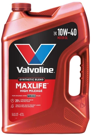Valvoline High Mileage with MaxLife Technology SAE 10W-40 Synthetic Blend Motor Oil, 5 QT Valvoline High Mileage with MaxLife Technology SAE 10W-40 Synthetic Blend Motor Oil, 5 QT
