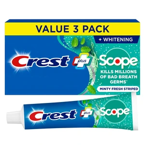 Crest + Scope Whitening Toothpaste Pack of 3 5.4oz Tubes Anticavity Fluoride Toothpaste Fresh Breath Kills Germs Tartar Protection Enamel Protection Minty Fresh Flavor Crest + Scope Whitening Toothpaste Pack of 3 5.4oz Tubes Anticavity Fluoride Toothpaste Fresh Breath Kills Germs Tartar Protection Enamel Protection Minty Fresh Flavor