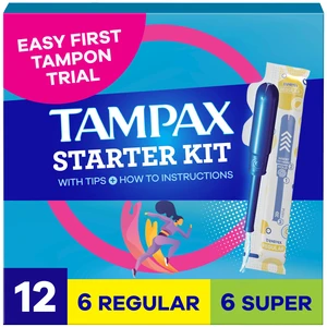 Tampax Starter Kit Multipack, with LeakGuard Braid, Regular/Super Absorbency, Easy First Tampon Trial, Unscented, 12 Count Tampax Starter Kit Multipack, with LeakGuard Braid, Regular/Super Absorbency, Easy First Tampon Trial, Unscented, 12 Count