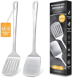 2 Pcs Stainless Steel Spatulas Set, Metal Spatula Solid & Slotted Turner, Heavy Duty Sturdy Spatula for Kitchen Use, High Heat Resistant Cooking Utensils for Fish Eggs Pancakes, Easy to Clean, Silver 2 Pcs Stainless Steel Spatulas Set, Metal Spatula Solid & Slotted Turner, Heavy Duty Sturdy Spatula for Kitchen Use, High Heat Resistant Cooking Utensils for Fish Eggs Pancakes, Easy to Clean, Silver