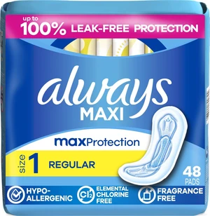 Always Maxi Feminine Pads without Wings, Size 1, Regular Absorbency, Unscented, 48 Count Always Maxi Feminine Pads without Wings, Size 1, Regular Absorbency, Unscented, 48 Count
