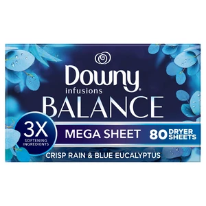 Downy Fabric Softener Dryer Sheets Infusions Balance Crisp Rain and Blue Eucalyptus Scent, 80 Mega Downy Fabric Softener Dryer Sheets Infusions Balance Crisp Rain and Blue Eucalyptus Scent, 80 Mega