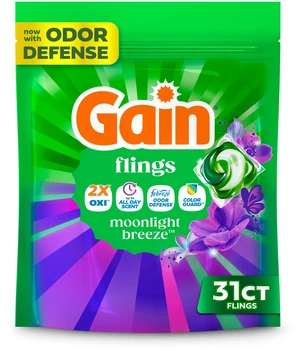Gain Flings Laundry Detergent Soap Pacs, 4-in-1 Oxi Boost and Febreze, Moonlight Breeze Scent, 31 Count Gain Flings Laundry Detergent Soap Pacs, 4-in-1 Oxi Boost and Febreze, Moonlight Breeze Scent, 31 Count