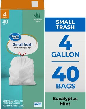 Great Value 4-Gallon Small Drawstring Trash Bags, Eucalyptus Mint Scent, 40 Bags Great Value 4-Gallon Small Drawstring Trash Bags, Eucalyptus Mint Scent, 40 Bags