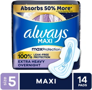 Always Maxi Pads Size 5, Extra Heavy Overnight with Wings, 14 Count Always Maxi Pads Size 5, Extra Heavy Overnight with Wings, 14 Count