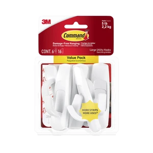 Command Large Utility Hooks, Holds 5 lb, White, 6 Hooks, 12 Pairs Adhesive Strips Command Large Utility Hooks, Holds 5 lb, White, 6 Hooks, 12 Pairs Adhesive Strips
