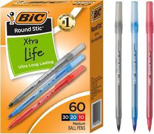 Round Stic Xtra Life Assorted Ink Ballpoint Pen's, Medium Point (1.0mm), 60-Count of Bulk Pens, Flexible Round Barrel for Comfortable Writing, No. 1 Selling Ballpoint Pens (Pack of 9) Round Stic Xtra Life Assorted Ink Ballpoint Pen's, Medium Point (1.0mm), 60-Count of Bulk Pens, Flexible Round Barrel for Comfortable Writing, No. 1 Selling Ballpoint Pens (Pack of 9)