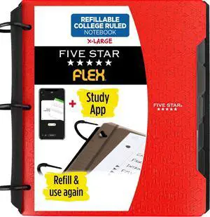 Flex Refillable Notebook + Study App, College Ruled Paper and 1-1/2 Inch TechLock Ring Binder with Pockets, Tabs and Dividers, 300 Sheet Capacity, Fire Red (29324AB2) (Pack of 6) Flex Refillable Notebook + Study App, College Ruled Paper and 1-1/2 Inch TechLock Ring Binder with Pockets, Tabs and Dividers, 300 Sheet Capacity, Fire Red (29324AB2) (Pack of 6)