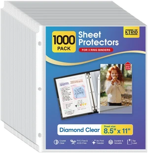 Sheet Protectors 8.5x11, Page Protector for 3 Ring Binder, 1000 Pack Crystal Clear, Top Loading, PVC-Free & Acid-Free Polypropylene, No Print Transfer, Protects Letter Size Documents Sheet Protectors 8.5x11, Page Protector for 3 Ring Binder, 1000 Pack Crystal Clear, Top Loading, PVC-Free & Acid-Free Polypropylene, No Print Transfer, Protects Letter Size Documents