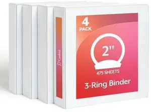 2 Inch 3 Ring Binders, White, 4 Pack, Round Ring Binder, Holds 475 Sheets, PVC Free, Customizable Covers, 2 Pocket View Binders for Office and School Organization 2 Inch 3 Ring Binders, White, 4 Pack, Round Ring Binder, Holds 475 Sheets, PVC Free, Customizable Covers, 2 Pocket View Binders for Office and School Organization
