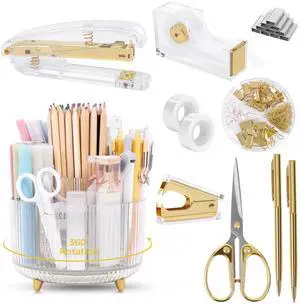 Gold Office Supplies Set with Pencil Holder for Desk Gold Desk Accessories with Gel Pen, Stapler, Tape Dispenser, Scissors,Clips and 1000pcs Staples, Office Decor for Women Gold Office Supplies Set with Pencil Holder for Desk Gold Desk Accessories with Gel Pen, Stapler, Tape Dispenser, Scissors,Clips and 1000pcs Staples, Office Decor for Women
