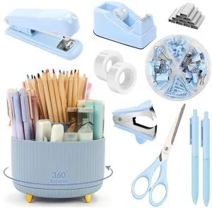 Blue Desk Accessories 11Pcs with Rotating Pen Holder for Desk Included Stapler with Staples, Staple Remover, Tape Dispenser,2pcs Tape Refills, Binder Paper Clips Kit, Scissor, 2pcs Pens Blue Desk Accessories 11Pcs with Rotating Pen Holder for Desk Included Stapler with Staples, Staple Remover, Tape Dispenser,2pcs Tape Refills, Binder Paper Clips Kit, Scissor, 2pcs Pens