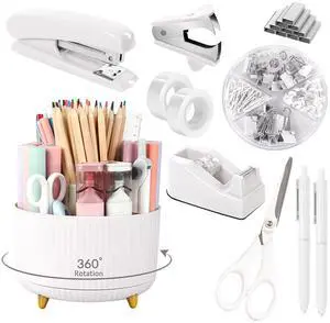 White Office Supplies Set, Office Desk Accessories 10PCS, Pencil Holder for Desk, Stapler, Tape Dispenser, Scissors, Ruler, Binder/Paper Clips and 1000pcs Staples,Desk Supplies Set White Office Supplies Set, Office Desk Accessories 10PCS, Pencil Holder for Desk, Stapler, Tape Dispenser, Scissors, Ruler, Binder/Paper Clips and 1000pcs Staples,Desk Supplies Set
